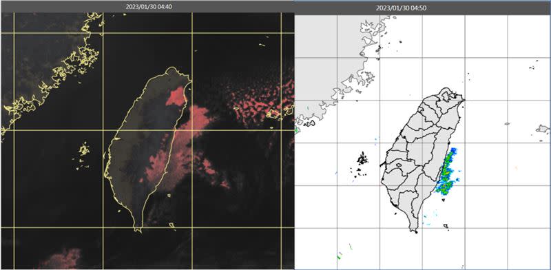 左圖：30日4：40真實色雲圖顯示，台灣上空晴朗，東半部有零散低雲。