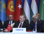 Turkey's President Recep Tayyip Erdogan attends the VII Summit of The Cooperation Council of Turkic Speaking States, in Baku, Azerbaijan, Tuesday. Oct. 15, 2019. (Presidential Press Service via AP, Pool)