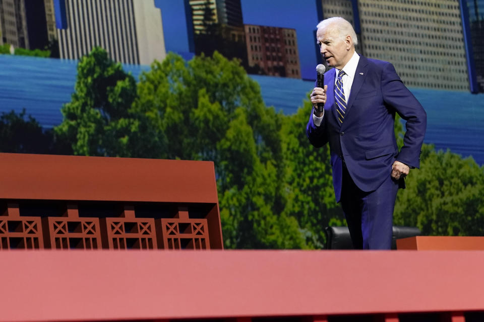 President Joe Biden speaks at the 40th International Brotherhood of Electrical Workers (IBEW) International Convention at McCormick Place, Wednesday, May 11, 2022, in Chicago. (AP Photo/Andrew Harnik)