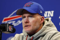 Buffalo Bills head coach Sean McDermott talks to reporters after an NFL wild-card playoff football game against the Miami Dolphins, Sunday, Jan. 15, 2023, in Orchard Park, N.Y. (AP Photo/Jeffrey T. Barnes)