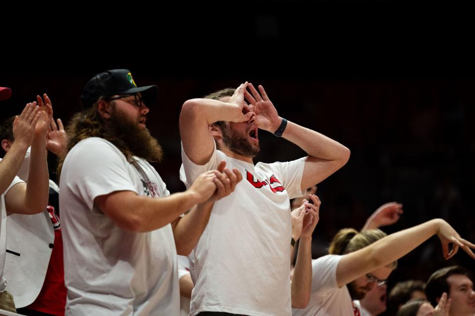Utah Utes student section cheers after a 3-pointer during the men’s college basketball game between the Utah Utes and the Colorado Buffaloes at the Jon M. Huntsman Center in Salt Lake City on Saturday, Feb. 3, 2024. | Megan Nielsen, Deseret News