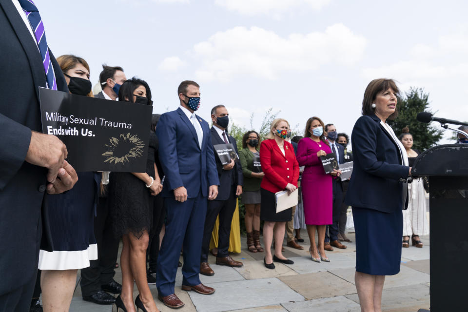 Rep. Jackie Speier, D-Calif., right, Chair of the House Armed Services Military Personnel Subcommittee, speaks during a news conference about the "I Am Vanessa Guillén Act," in honor of the late U.S. Army Specialist Vanessa Guillén, and survivors of military sexual violence, during a news conference on Capitol Hill, Wednesday, Sept. 16, 2020, in Washington. (AP Photo/Alex Brandon)