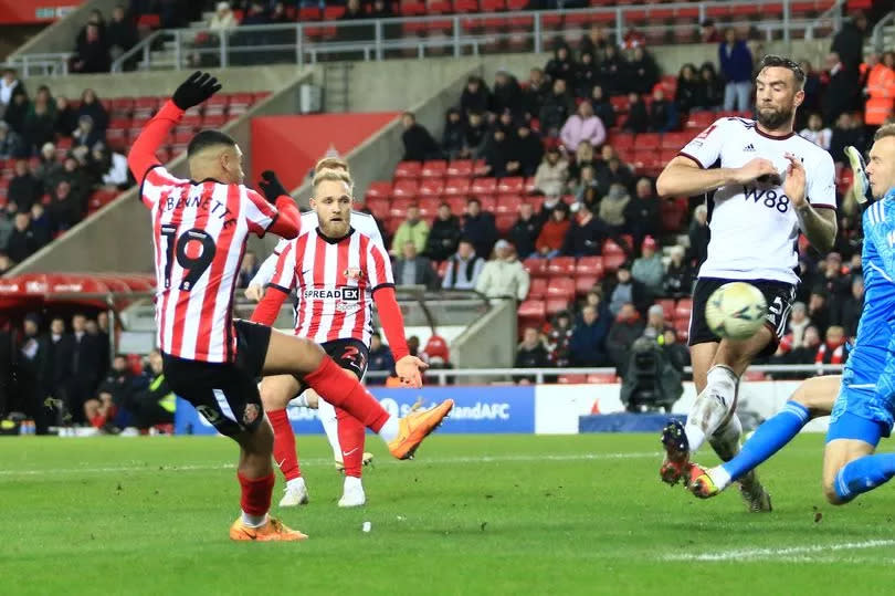 Jewison Bennette of Sunderland scores the second Sunderland goal during the FA Cup fourth round replay between Sunderland and Fulham at Stadium of Light