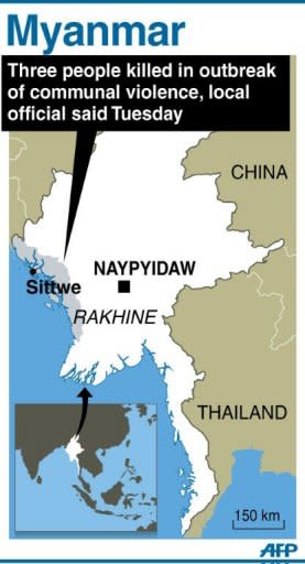 Graphic showing Myanmar's Rakhine state, where three people were killed in fresh outbreak of communal violence between Muslim Rohingya and Buddhists, a local official said Tuesday