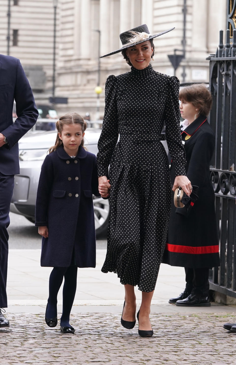 The Duchess of Cambridge and Princess Charlotte arriving for a Service of Thanksgiving for the life of the Duke of Edinburgh, at Westminster Abbey in London. Picture date: Tuesday March 29, 2022. (Photo by Aaron Chown/PA Images via Getty Images)