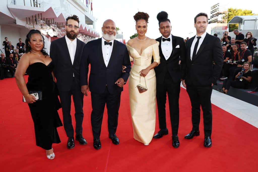 VENICE, ITALY - SEPTEMBER 06: Tilane Jones, cinematographer Matthew J. Lloyd, Paul Garnes, director Ava DuVernay, Suraj Yengde and Spencer Averick attends a red carpet for the movie "Origin" at the 80th Venice International Film Festival on September 06, 2023 in Venice, Italy. (Photo by Pascal Le Segretain/Getty Images)