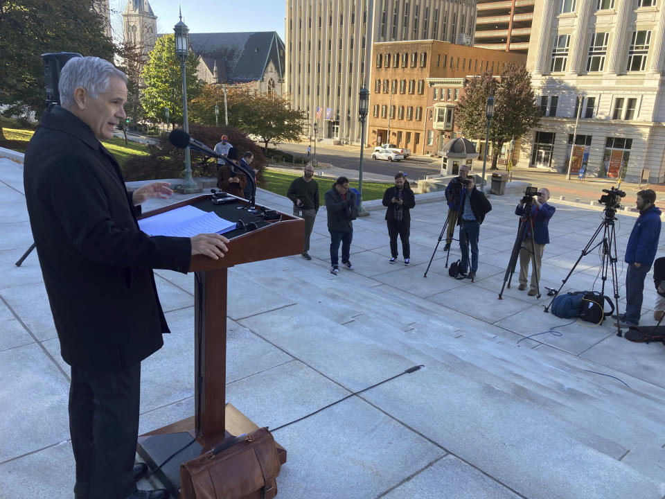 Philadelphia District Attorney Larry Krasner talks about Republican-led efforts to investigate his record addressing crime and gun violence on the front steps of the Pennsylvania Capitol in Harrisburg on Friday, Oct. 21. 2022. Krasner said he believes lawmakers could be voting on an impeachment effort in the state House as early as next week. (AP Photo/Mark Scolforo)