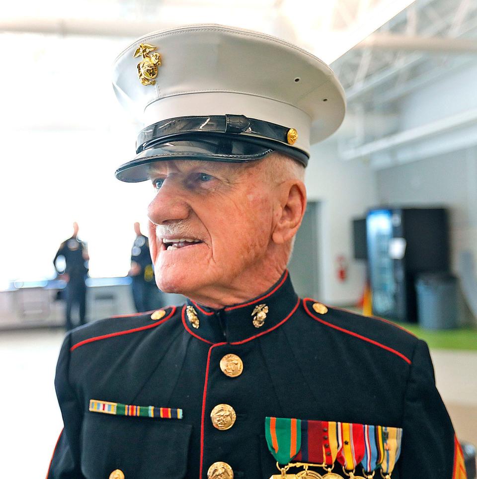 Retired U.S. Marine Corps Master Sgt. David Duffy, 79, of Braintree, was a featured speaker at history and civics classes at East Middle School in Braintree.