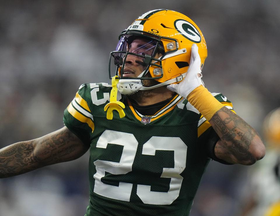 Green Bay Packers cornerback Jaire Alexander (23) reacts after intercepting a pass during the first quarter of the wild card playoff game against the Dallas Cowboys Sunday, January 14, 2024 at AT&T Stadium in Arlington, Texas. 



Mark Hoffman/Milwaukee Journal Sentinel