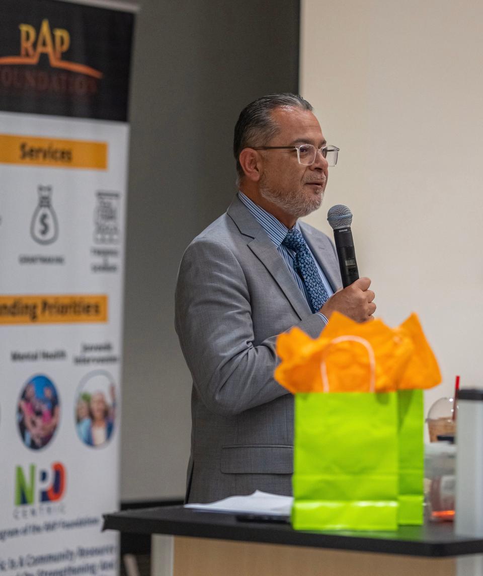 Supervisor V. Manuel Perez speaks at Desert Fast Pitch 2022.