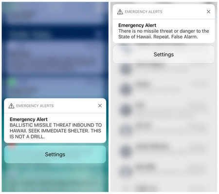 A combination photograph shows screenshots from a cell phone displaying an alert for a ballistic missile launch and the subsequent false alarm message in Hawaii January 13, 2018. REUTERS/Hugh Gentry