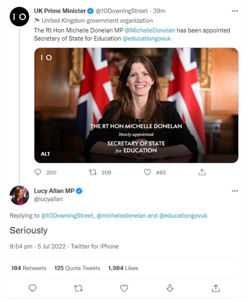 Michelle Donelan’s appointment was annouced on Twitter, with a quick response from one MP (Twitter)