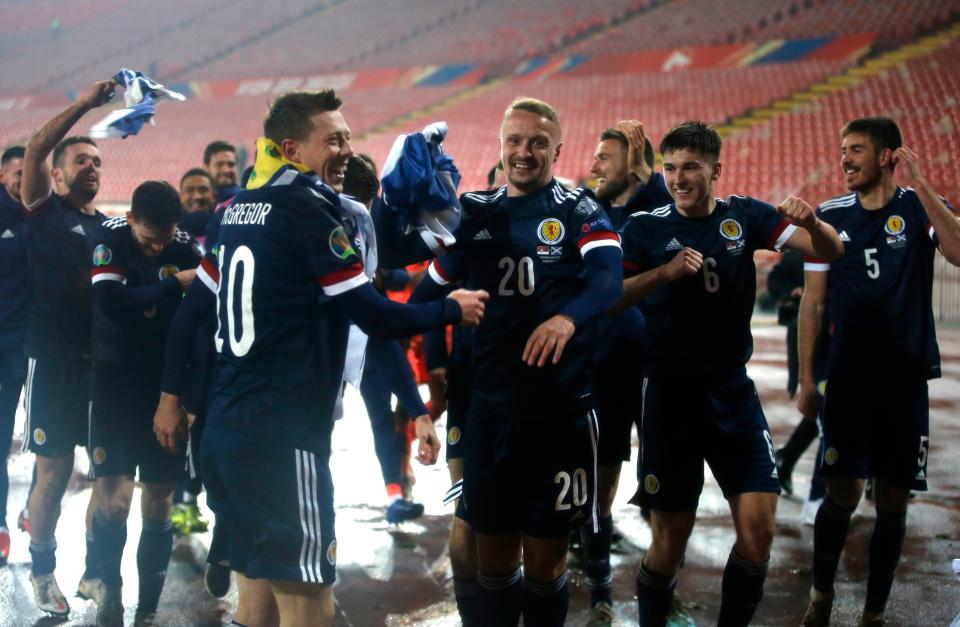 Scotland players celebrate their historic win in Belgrade (Getty Images)