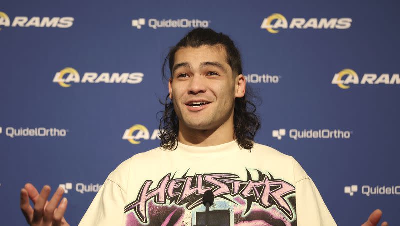 Los Angeles Rams wide receiver Puka Nacua speaks at a news conference after a game against the San Francisco 49ers in Santa Clara, Calif., on Sunday, Jan. 7, 2024.