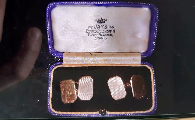 Dennis Kellond's cufflinks.  See SWNS story SWNNcufflinks. Detectives are searching for a pair of cufflinks which could help them solve the murder of an 88-year-old man in his own home. Dennis Kellond was found dead at his home in Godstone, Surrey, on April 27, having suffered a head injury. One suspect has already been charged with his murder, but police continue to investigate. Officers are now trying to find a pair of Mr Kellondâs cufflinks which they think were stolen from the pensionerâs home and could have been sold on. 