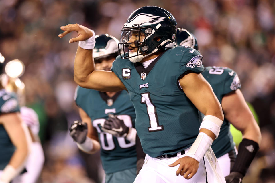 Jalen Hurts and the Eagles wore down the 49ers to win the NFC championship and reach the Super Bowl. (Photo by Tim Nwachukwu/Getty Images)