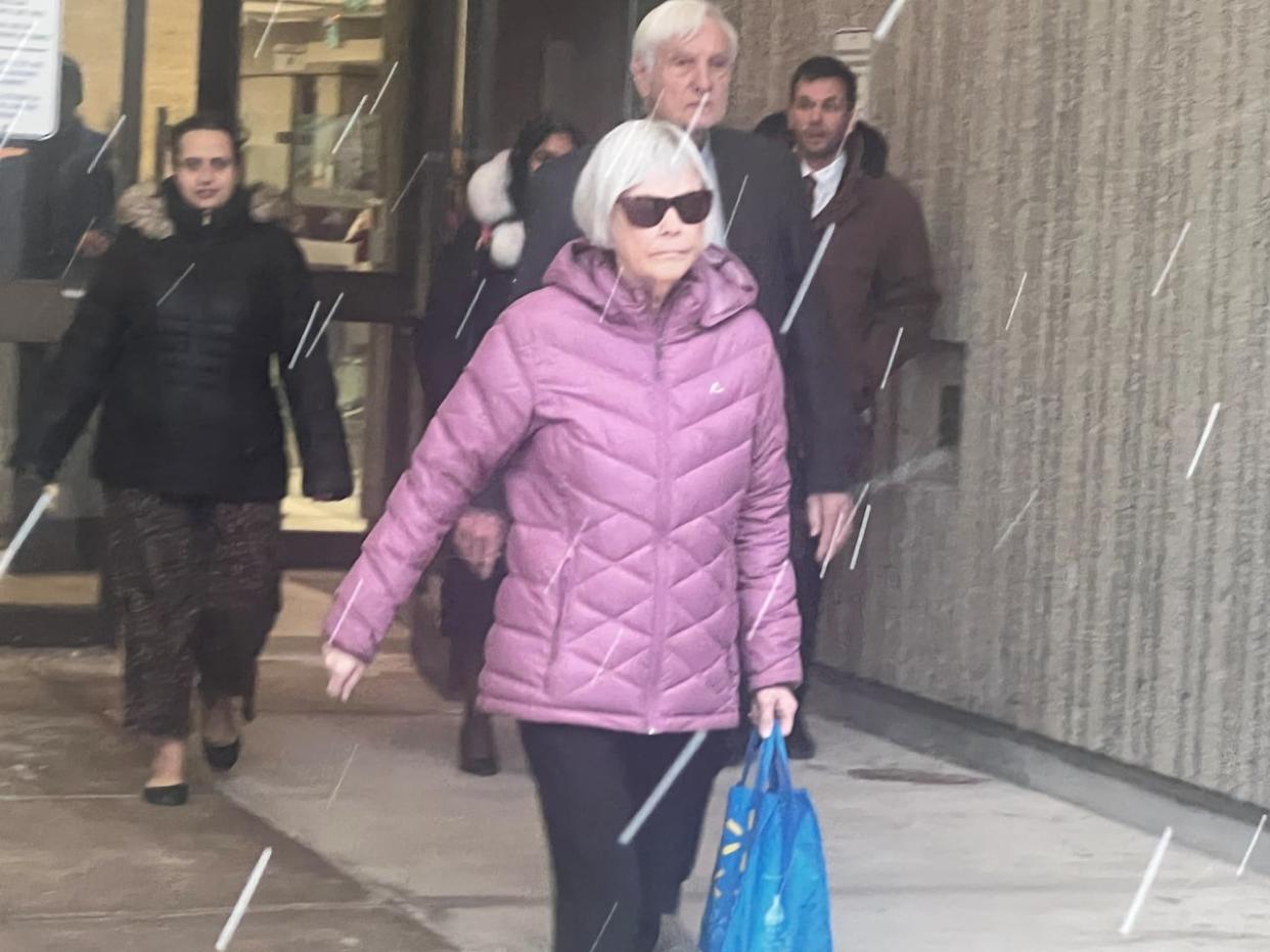 Petronella McNorgan is shown outside the London, Ont., courthouse on March 18 during her three-week trial. She was charged in 2021 after her Honda CRV drove into members of a girl guide troop. On Friday, she was found guilty of criminal negligence causing death and seven counts of criminal negligence causing bodily harm.  (Andrew Lupton/ CBC News - image credit)