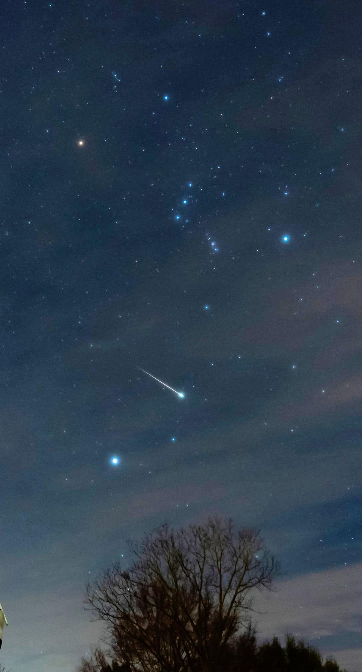 This bright Geminid meteor appeared over the author's backyard during the Geminid meteor shower the night of Dec. 13, 2020. The stars of the constellation Orion appear at top and the bright star Sirius is below the meteor. The peak of the 2022 Geminid shower happens Wednesday night, Dec. 14.