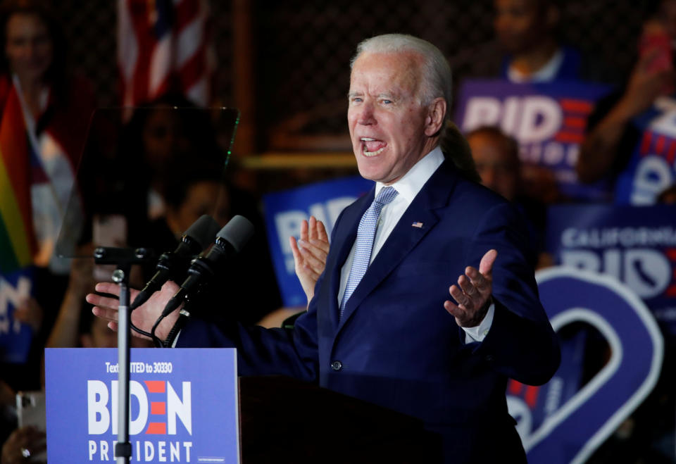 Democratic U.S. presidential candidate and former Vice President Joe Biden speaks at his Super Tuesday night rally in Los Angeles, California, U.S., March 3, 2020. REUTERS/Mike Blake     TPX IMAGES OF THE DAY