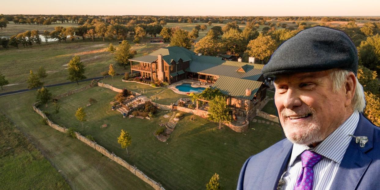 An aerial view of Terry Bradshaw's house and pool alongside a close-up of him wearing a suit and hat.