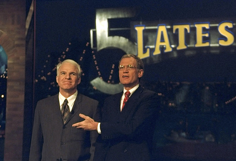 Steve Martin with David Letterman on the 5th Anniversary of "The Late Show with David Letterman," November 23, 1998 on the CBS Television Network. Photo: Alan Singer/CBS ©1998 CBS Broadcasting Inc.