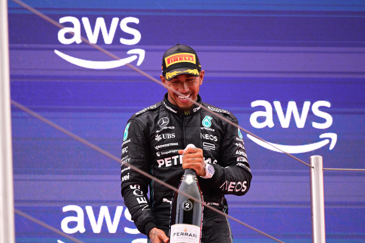 Lewis Hamilton of Mercedes-AMG Petronas F1 Team celebrate on podium during race of Spanish GP, 8th round of FIA Formula 1 World Championship in Circuit de Catalunya, Montmelo, Catalunya, Spain, 04/06/23 (Photo by Andrea Diodato/NurPhoto via Getty Images)