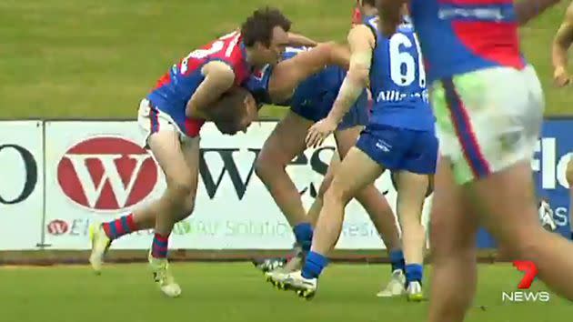 Moments before Chatley landed awkwardly in a WAFL tackle. Picture: 7 News