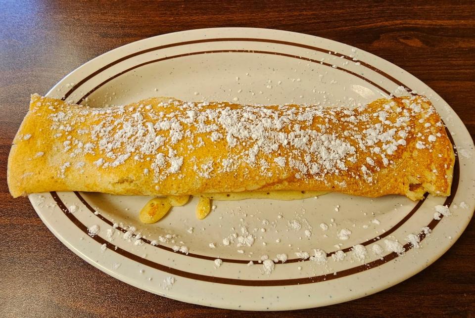 The PerKup Café in West Des Moines offers the Crake, a rolled up pancake with strawberry cream cheese inside.