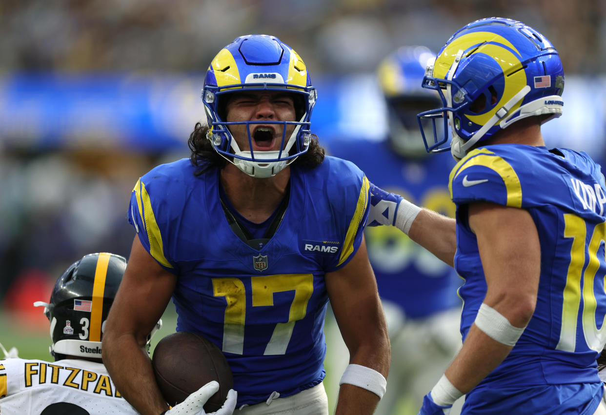 INGLEWOOD, CALIFORNIA - OCTOBER 22: Puka Nacua #17 of the Los Angeles Rams reacts to his play for a first down in front of Cooper Kupp #10 during a 24-17 loss to the Pittsburgh Steelers at SoFi Stadium on October 22, 2023 in Inglewood, California. (Photo by Harry How/Getty Images)