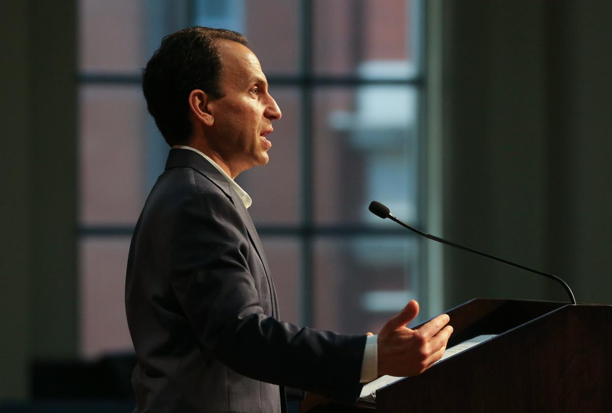 Mayor Craig Greenberg speaks during a press conference announcing additional information to be released about complaints surrounding LMPD officers and their conduct on Friday, May 26, 2023