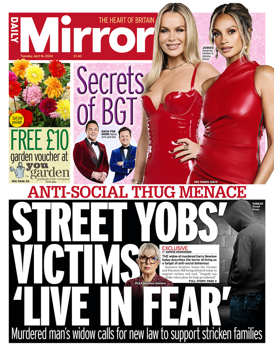 The headline in the Mirror reads: "Street yobs' victims 'live in fear'".