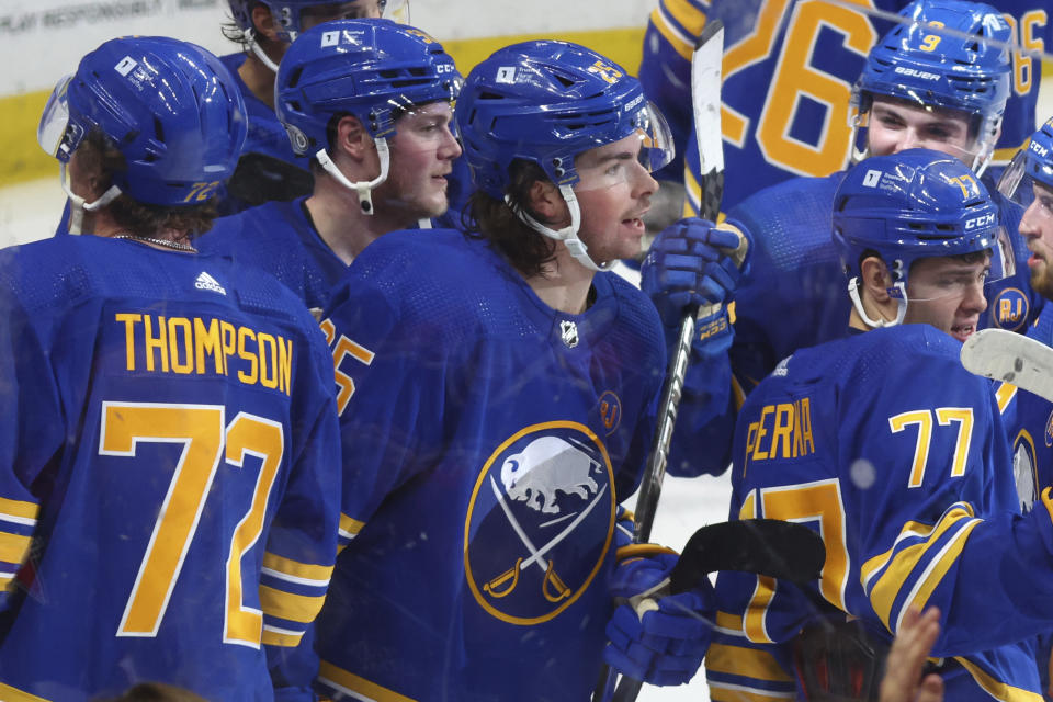 Buffalo Sabres defenseman Owen Power (25) celebrates an overtime goal which was later called back during the overtime period of an NHL hockey game against the Edmonton Oilers Saturday, March 9, 2024, in Buffalo, N.Y. (AP Photo/Jeffrey T. Barnes)