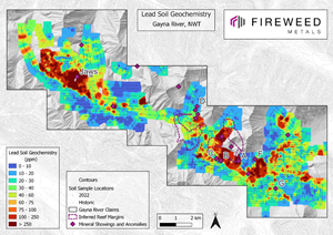 Figure 8: Lead-in-soil geochemistry – historical and 2022 sampling.