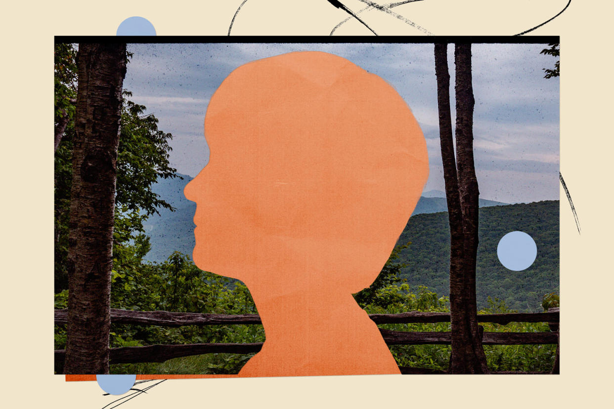 Photo illustration of a cut-out silhouette of a young boy on a photo of the Blue Ridge mountains area in North Carolina. (Chelsea Stahl / NBC News)