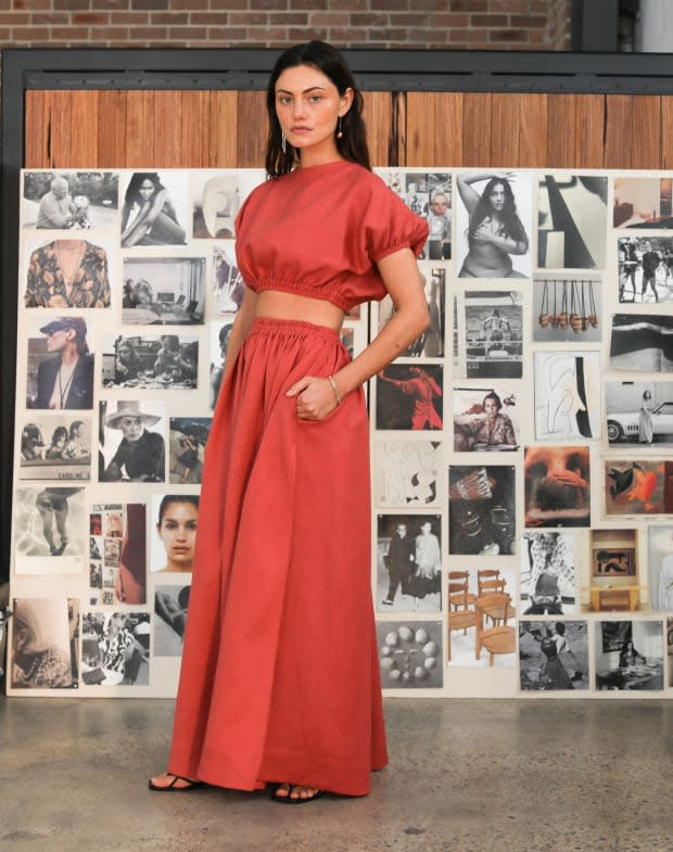 <em>Phoebe Tonkin backstage at Matteau's Resort 2020 presentation. Photo: Lee Oliviera/Fashionista</em>