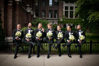 <div class="caption-credit"> Photo by: Robb Davidson</div><div class="caption-title">Reject Stereotypical Gender Roles</div>These groomsmen borrowed the bridesmaids' bouquets (and pose!).