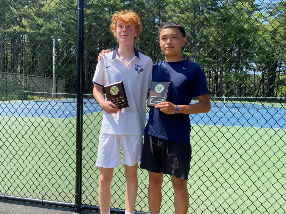 Burlington's Nevin Morton, left, and Khiem Nguyen pose after winning the high school boys tennis doubles championship at Leddy Park on Saturday, May, 27, 2023.