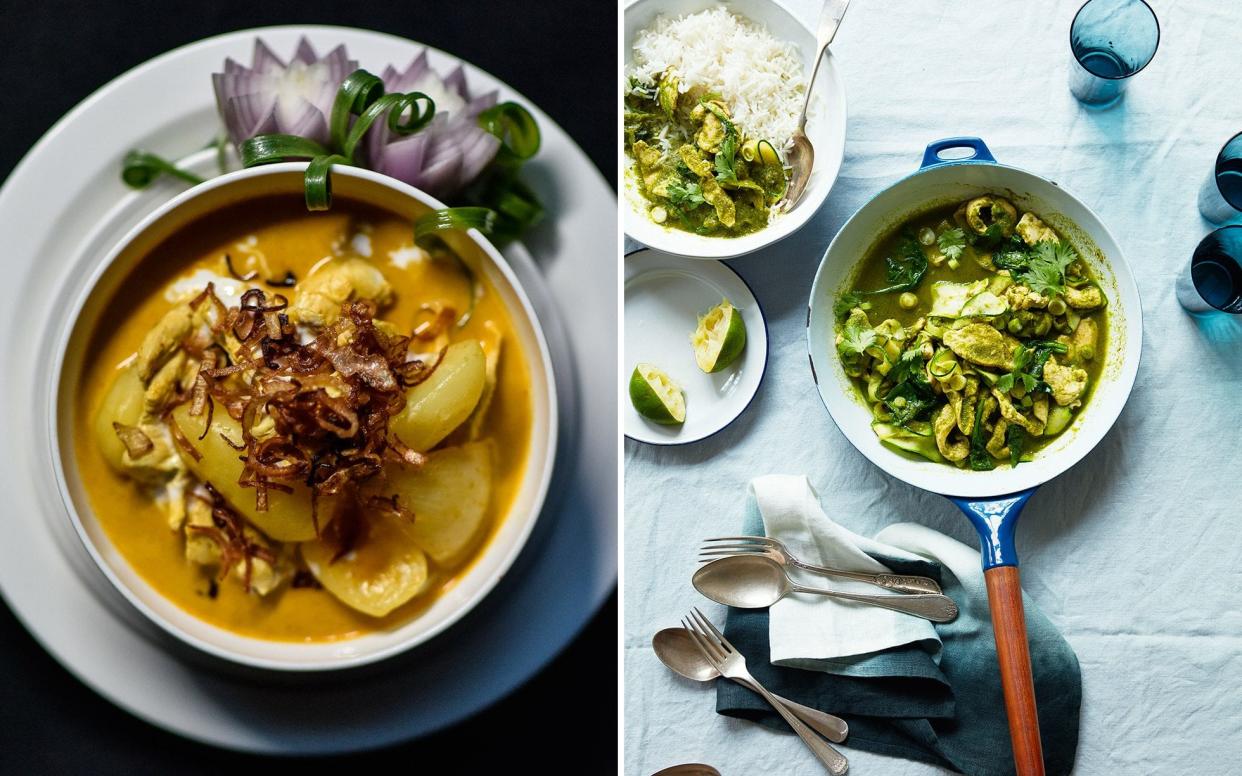A yellow massaman gai chicken dish and Stephen Harris' Thai green vegetable curry in a hurry