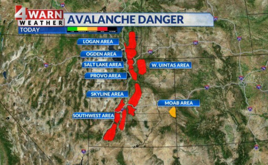 A map showing avalanche danger across Utah on Jan. 10, 2024. (credit: KTVX)