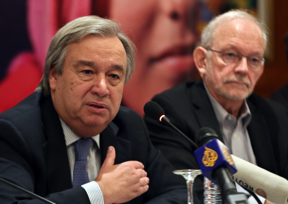 UN High Commissioner for Refugees Antonio Guterres, left, speaks during a joint press conference with officials from UNICEF, Mercy Corps, Save the Children and World Vision, as UNICEF Executive Director Anthony Lake listens in Beirut, Lebanon, Saturday, March 15, 2014. Aid agencies said that every statistic surrounding Syrian children had worsened as the conflict entered its fourth year, warning an entire generation of Syrians was now in danger. (AP Photo/Bilal Hussein)