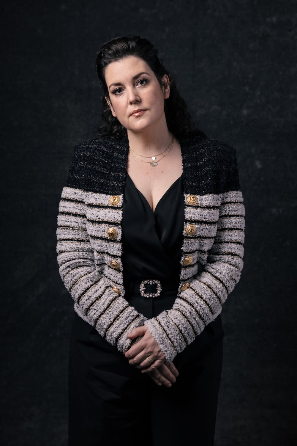 Melanie Lynskey wears a striped sweater for a portrait.