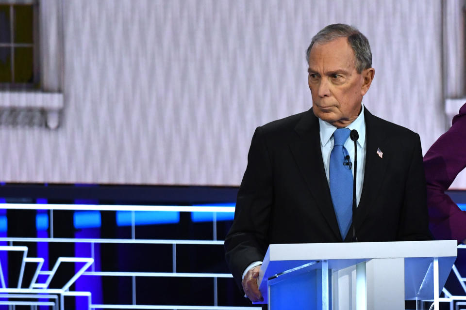 Democratic presidential hopeful former New York Mayor Mike Bloomberg looks on during the ninth Democratic primary debate of the 2020 presidential campaign season co-hosted by NBC News, MSNBC, Noticias Telemundo and The Nevada Independent at the Paris Theater in Las Vegas, Nevada, on February 19, 2020. (Photo by Mark RALSTON / AFP) (Photo by MARK RALSTON/AFP via Getty Images)