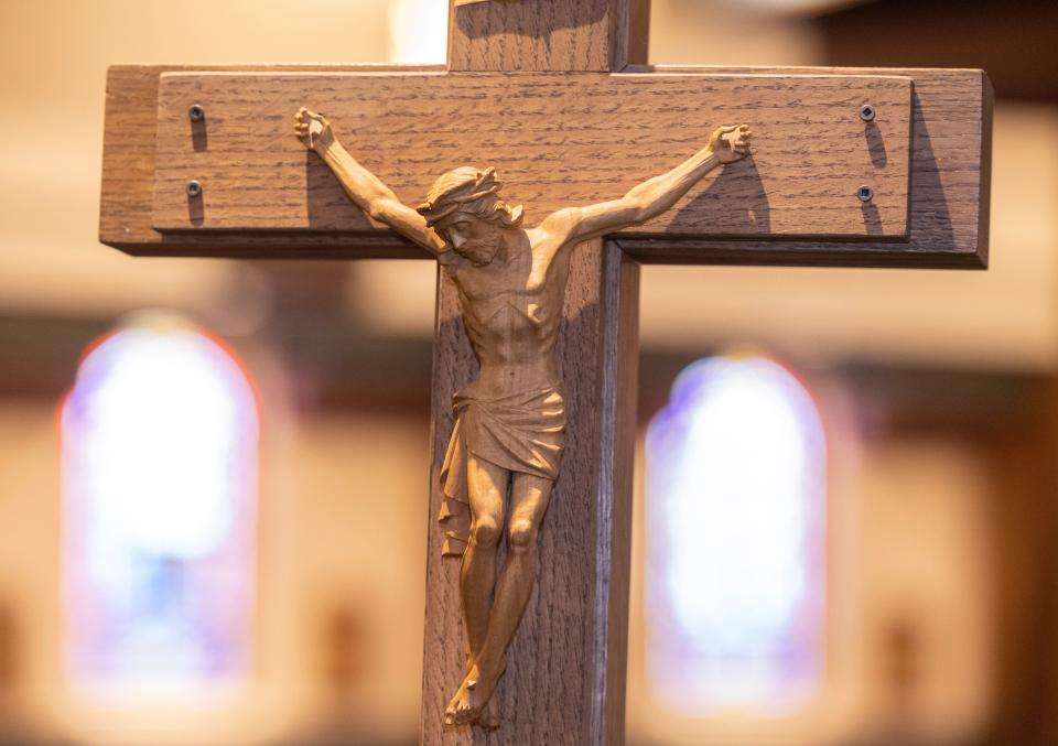 A crucifix is seen at St. Barbara Catholic Church in Massillon.