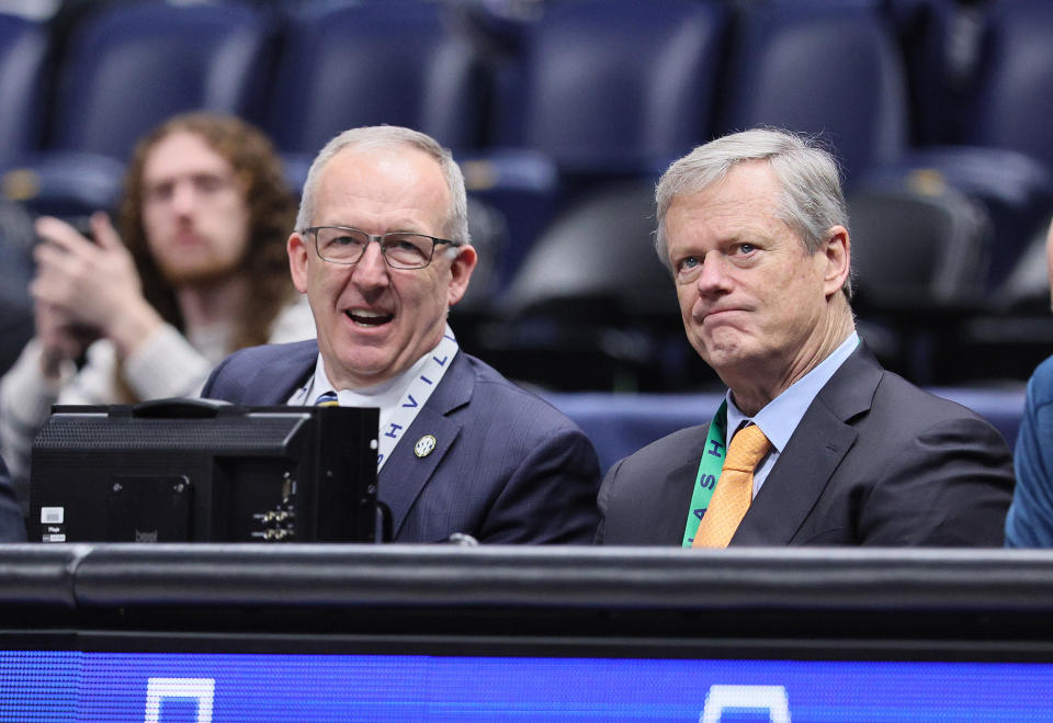 NASHVILLE, TENNESSEE - MARCH 09: Greg Sankey the Commissioner of the SEC and Charlie Baker the President of the NCAA sit court side of the Florida Gators against the Mississippi State Bulldogs during the 2023 SEC Basketball Tournament at the Bridgestone Arena on March 09, 2023 in Nashville, Tennessee. (Photo by Andy Lyons/Getty Images)