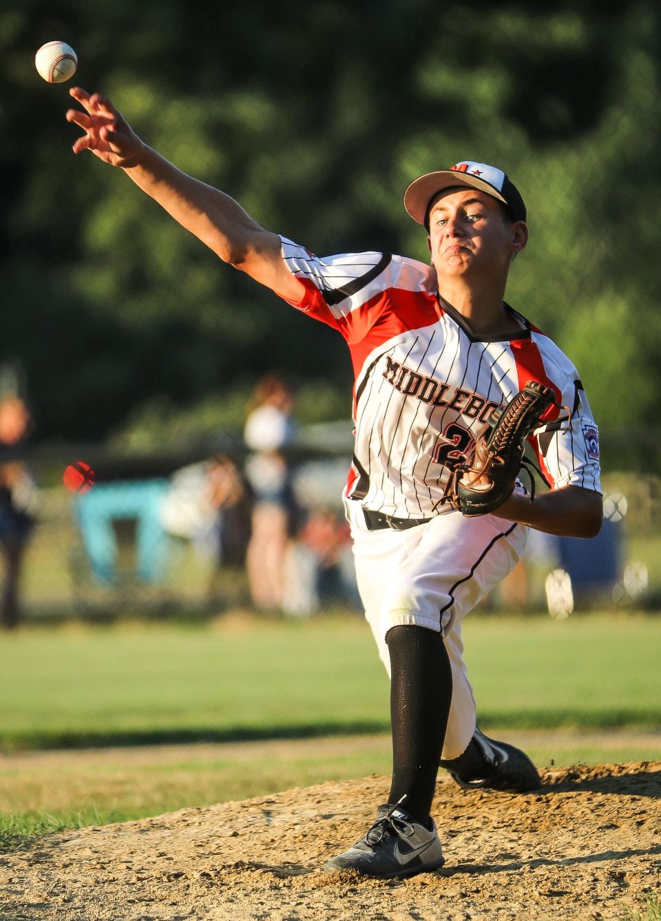 Middleboro U12's Aaron Davis delivers a pitch during a game against Hanover at Forge Pond Park in Hanover on Wednesday, July 20, 2022.