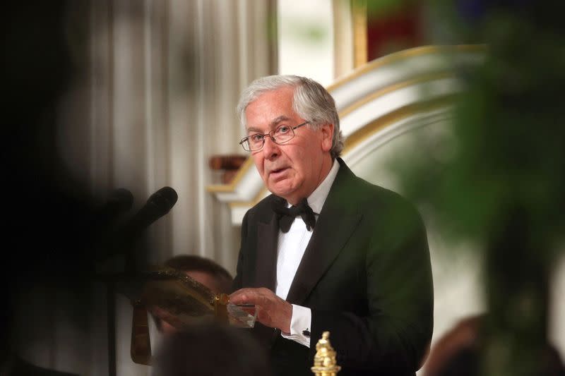 FILE PHOTO: Mervyn King addresses the audience of the 'Lord Mayor's Dinner to the Bankers and Merchants of the City of London' at the Mansion House in London