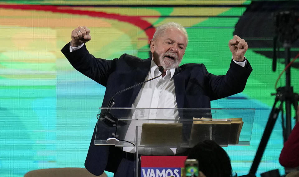 Former Brazilian President Luiz Inacio Lula da Silva speaks during his announcement of his candidacy for the country’s upcoming presidential election, in Sao Paulo, Brazil, Saturday, May 7, 2022. Brazil's general elections are scheduled for Oct. 2, 2022. (AP Photo/Andre Penner)