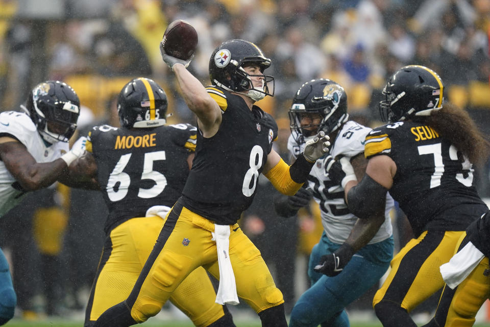 Pittsburgh Steelers quarterback Kenny Pickett (8) fires a pass against the Jacksonville Jaguars during the first half of an NFL football game Sunday, Oct. 29, 2023, in Pittsburgh. (AP Photo/Matt Freed)