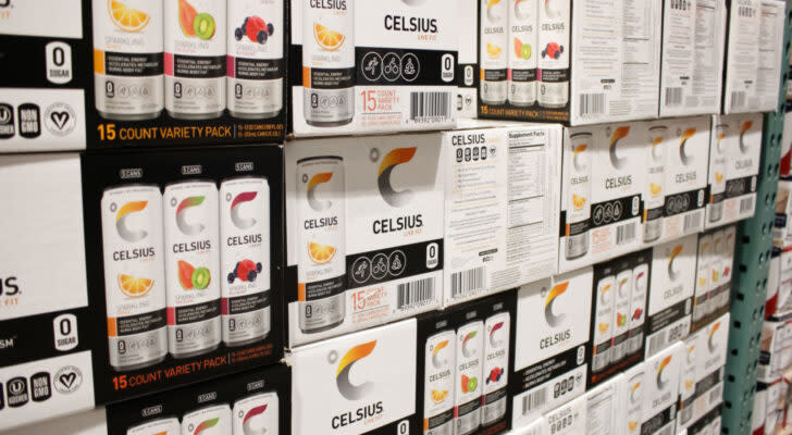 CELH stock: A view of several cases of Celsius energy drinks, on display at a local big box grocery store.