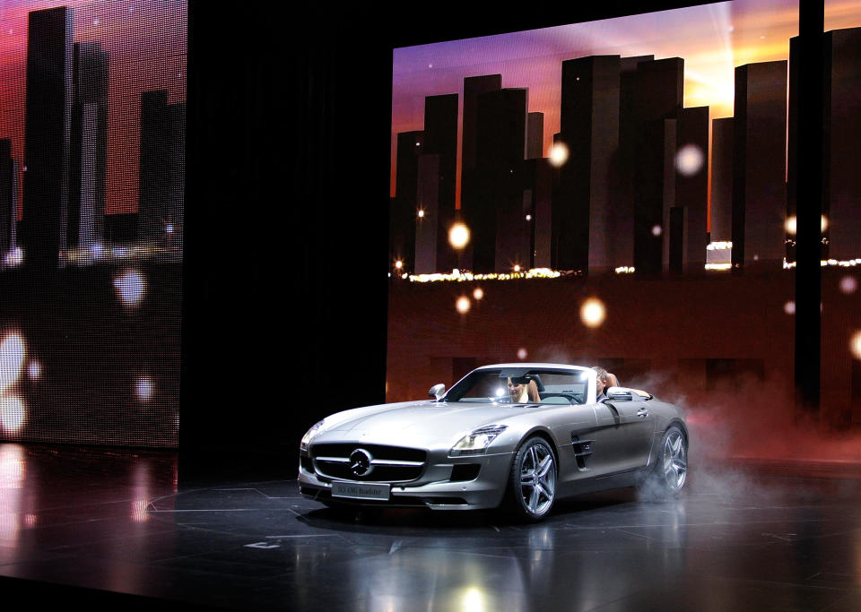 FRANKFURT AM MAIN, GERMANY - SEPTEMBER 13: Mercedes Benz presents the new SLS 55 AMG during the press days at the IAA Frankfurt Auto Show on September 13, 2011 in Frankfurt am Main, Germany. The IAA will be open to the public from September 17 through September 25 (Photo by Thorsten Wagner/Getty Images)